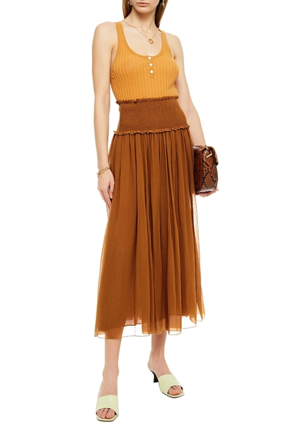 Zimmermann Bonita Crinkle Shirred Cotton And Silk-blend Georgette Midi Skirt In Light Brown
