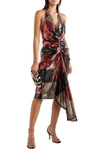 Halpern Draped Sequined Tulle Halterneck Midi Dress In Multicolor
