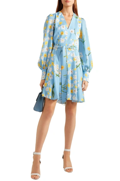 Andrew Gn Belted Floral-print Silk Mini Dress In Sky Blue