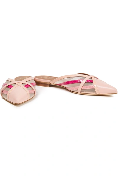 Malone Souliers Piper Leather, Mesh And Elaphe Slippers In Baby Pink