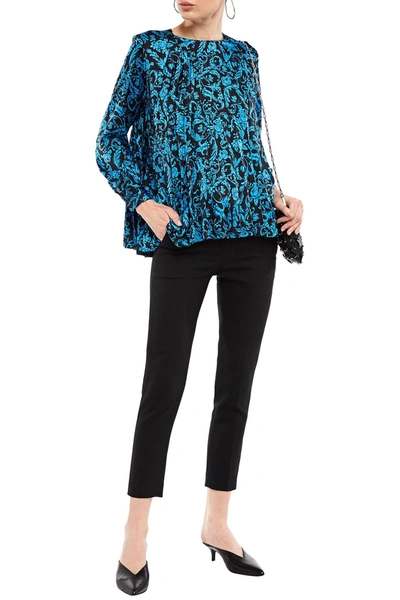 Sandro Pleated Floral-print Satin Blouse In Blue