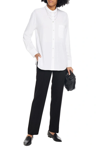 Vince Shirred Band Collar Silk Blouse In White