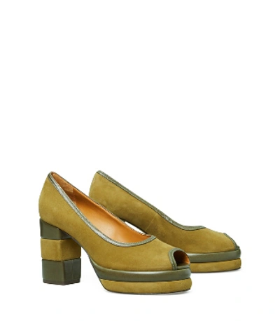 Tory Burch 70s Peep-toe Leather & Suede Platform Pumps In Tobacco /