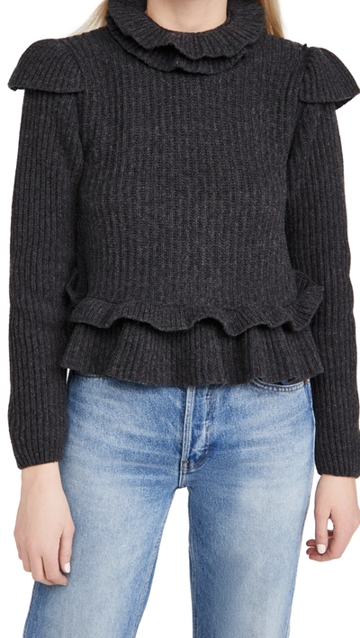 Ganni Open-back Ruffled Ribbed Wool-blend Sweater In Grey
