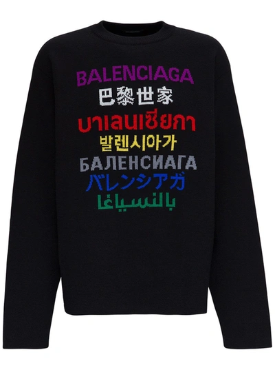 Balenciaga Multicolor Multilingual Logo Intarsia Sweater In Black