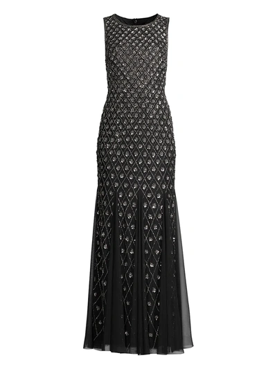 Aidan Mattox Fully Beaded Sleeveless Godet Column Gown In Black