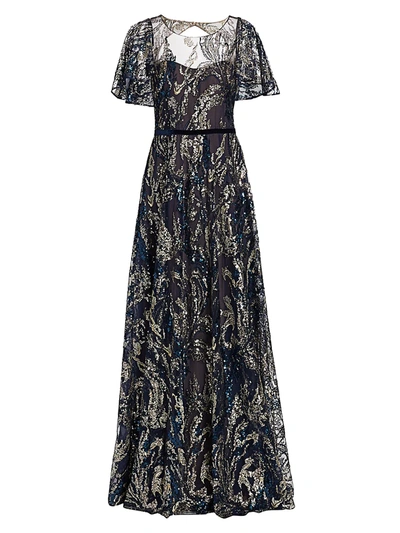 Marchesa Cape-sleeve Multicolor Beaded Sequin Gown In Navy