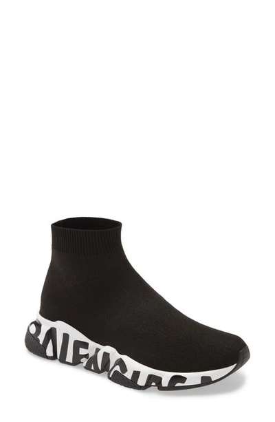 Balenciaga Speed Logo-print Stretch-knit High-top Sneakers In Black,white