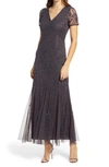 PISARRO NIGHTS BEADED MESH GOWN,D2300P