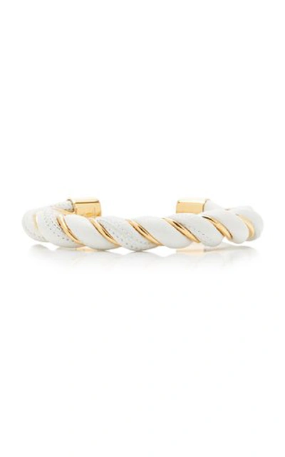 Bottega Veneta White Braided Leather And Gold Plated Silver Bracelet In White,gold