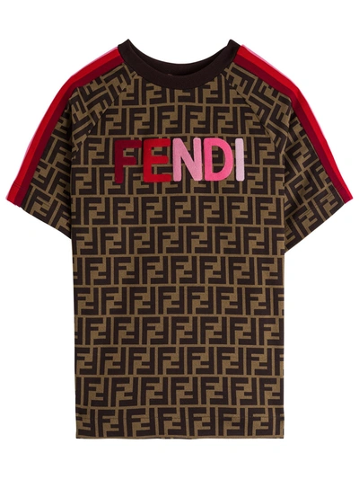 Fendi Kids' Ff Cotton T-shirt With Logo Embroidery In Brown