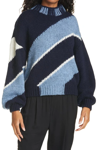 Stine Goya Adonis Balloon Sleeve Diagonal Stripe Sweater In Navy