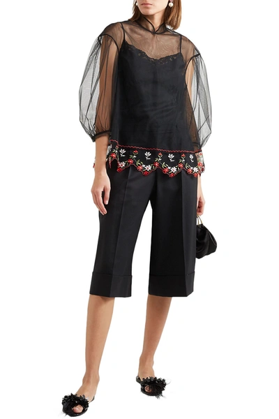 Simone Rocha Floral-embroidered Tulle Blouse In Black