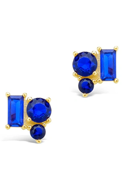 Sterling Forever 14k Over Silver Cz Cluster Studs In Gold/ Sapphire