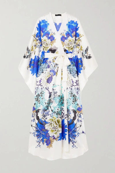 Meng Belted Floral-print Silk-satin Dressing Gown In White