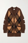 BURBERRY OVERSIZED CUTOUT ARGYLE WOOL AND CASHMERE-BLEND CARDIGAN