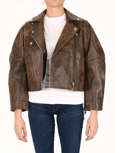 Ganni Washed Leather Short Jacket In Cognac