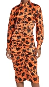 Ganni Ruched Floral-print Silk-blend Satin Midi Shirt Dress In Flame