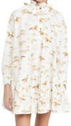 Ganni Animal Print Ruffle Collar Long Sleeve Organic Cotton Poplin Dress In Cognac