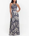 Betsy & Adam Metallic Floral Halter Top Gown In Royal/gold Floral