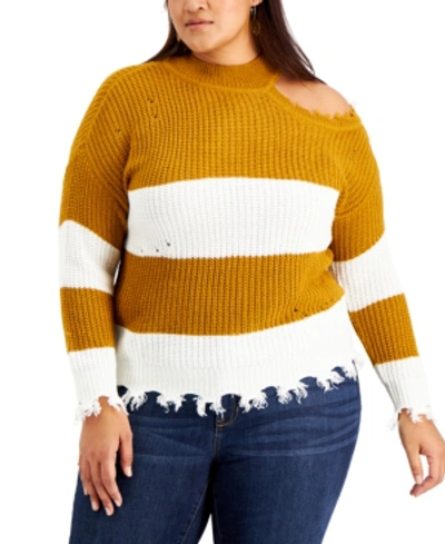 FULL CIRCLE TRENDS TRENDY PLUS SIZE ASYMMETRICAL MOCK-NECK DISTRESSED SWEATER 