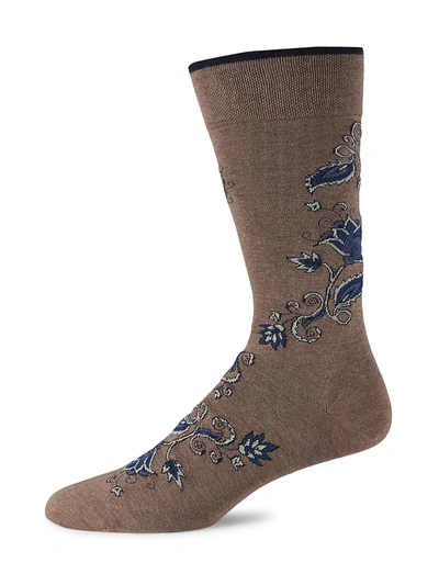 Marcoliani Men's Oriental Floral Piqué Knit Crew Socks In Cappucino