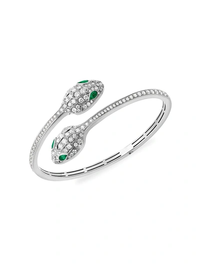 Bvlgari Women's Serpenti Seduttori 18k White Gold, Emerald & Diamond 2-head Bangle Bracelet