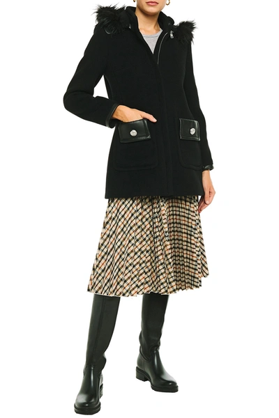 Claudie Pierlot Leather-trimmed Wool-blend Felt Hooded Coat In Black