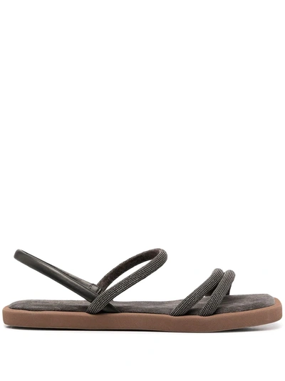 Brunello Cucinelli Monili-trimmed Suede Slingback Sandals In Black