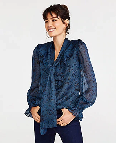 Ann Taylor Petite Floral Ruffle Bow Blouse In Night Sky