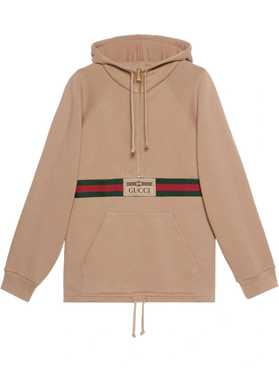 Gucci Web Stripe Half-zip Cotton Hooded Sweatshirt In Brown