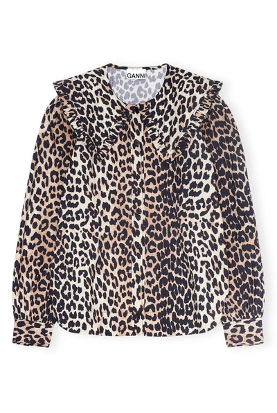 Ganni Printed Cotton Poplin V-neck Top In Leopard In Animal Print