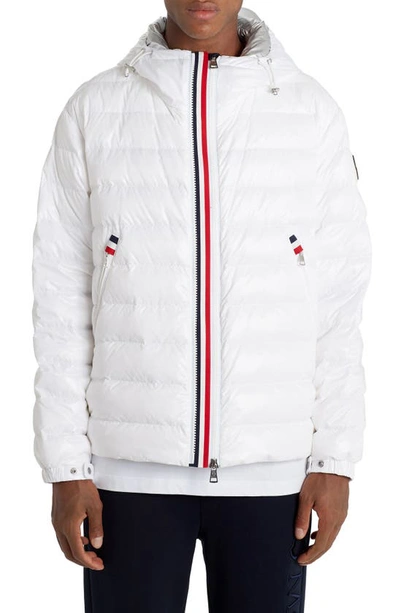 Moncler Men's Blesle Shiny Nylon Puffer Jacket W/ Stripes In White