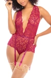 Oh La La Cheri Plus Size Maxine Galloon Lace Open-back Garter Teddy In Cherries Jubilee