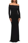 La Femme Long Sleeve Off The Shoulder Jersey Evening Gown In Black