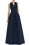 Alfred Sung V-neck Sleeveless A-line Gown W/ Inverted Pleat In Midnight Blue