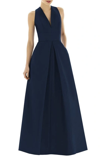 Alfred Sung V-neck Sleeveless A-line Gown W/ Inverted Pleat In Midnight