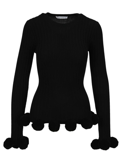 Jw Anderson Pompom-embellished Ribbed Wool Sweater In Black