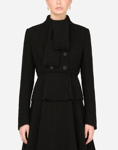 Dolce & Gabbana Short Double-breasted Bouclé Jacket With Pussy-bow Neck In Black