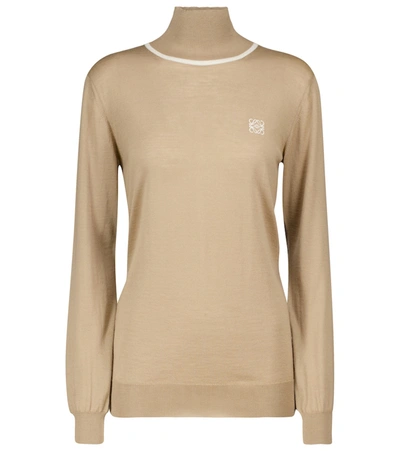 Loewe Embroidered Logo Rib-knit Cashmere Turtleneck In Beige