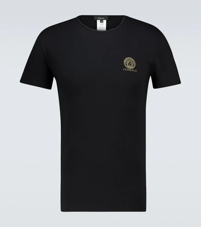 Versace Black Crewneck T-shirt With Medusa Logo Print In Stretch Cotton Man