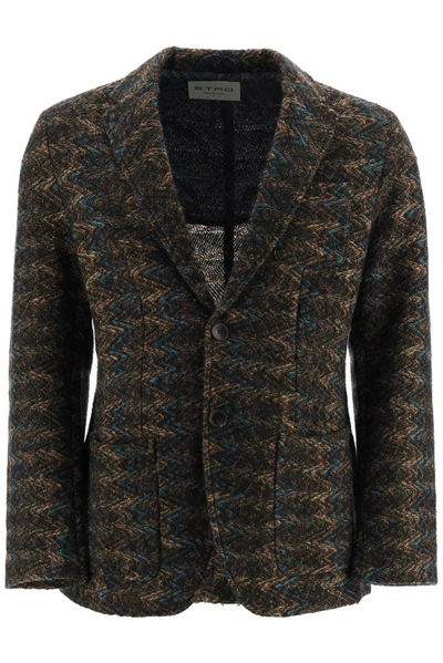 Etro Jacquard Knit Blazer In Brown,blue,green