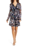 BADGLEY MISCHKA COMBO BOW SEQUIN LONG SLEEVE MINIDRESS,SC2647