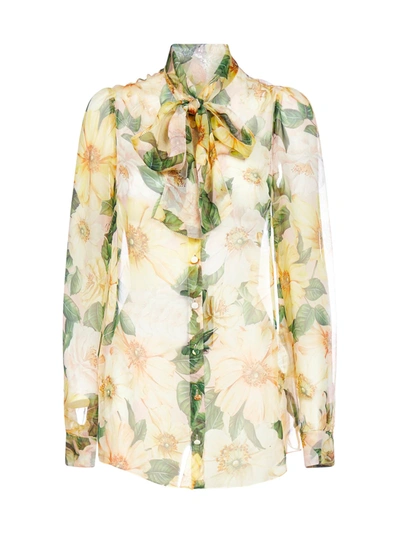 Dolce & Gabbana Camellia Print Foulard Blouse In Yellow