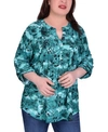 Ny Collection Women's Plus Size 3/4 Sleeve Pleat Front Y Neck Top In Emerald
