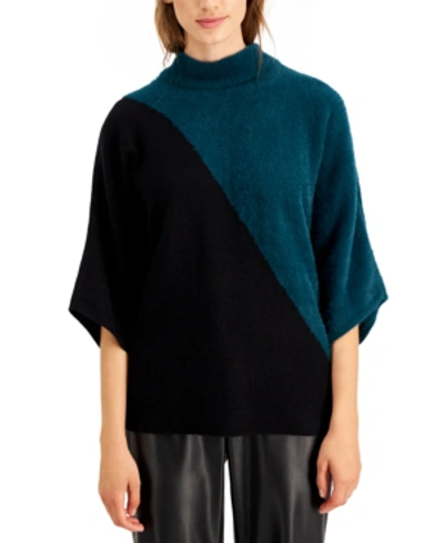 Alfani Petite Colorblocked Mock-neck Sweater, Created For Macy's In Teal Black