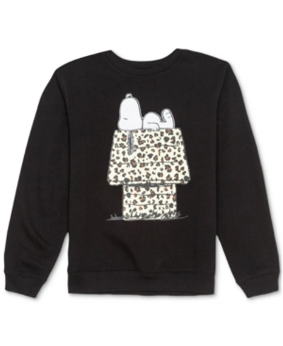 Peanuts Juniors' Snoopy Cheetah-print Graphic Sweatshirt In Black