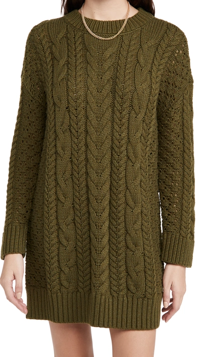 Alice And Olivia Lennie Long Sleeve Cable Knit Wool Blend Jumper Dress In Olive