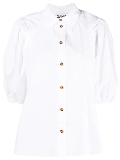 Ganni Puff-sleeve Organic-cotton Shirt In White