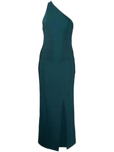 Herve Leger Icon Asymmetric One-shoulder Midi Gown In Slate Teal